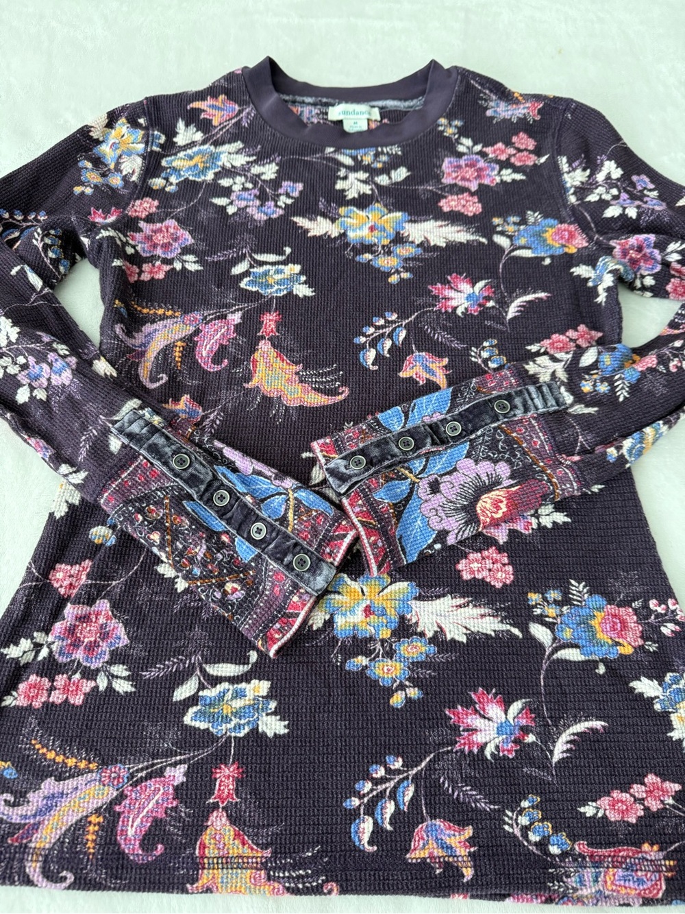 Sundance Floral Thermal Waffle Knit Top Deep Purple Medium D72